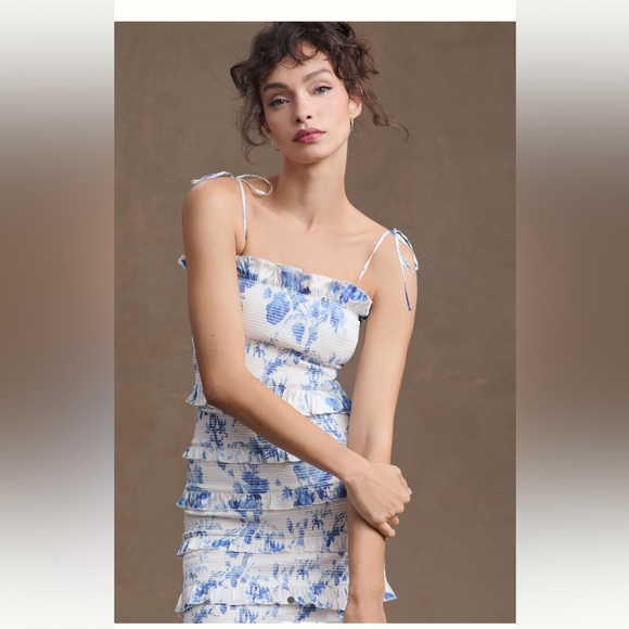 V. Chapman White and Blue Floral Tiered Midi Dress - Picture 3 of 5